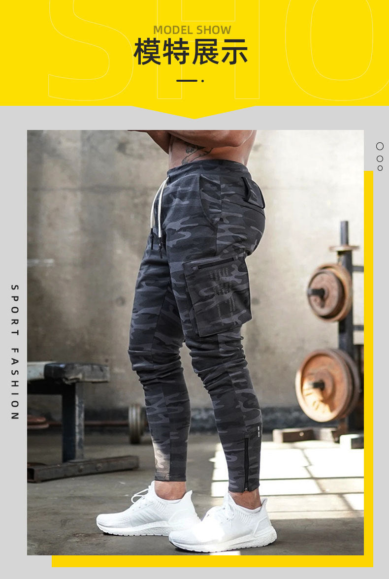 Cross-Border Men's Casual Versatile Sports Overalls Cotton Running Fitness Camouflage Trousers Zipper Decorative Trousers