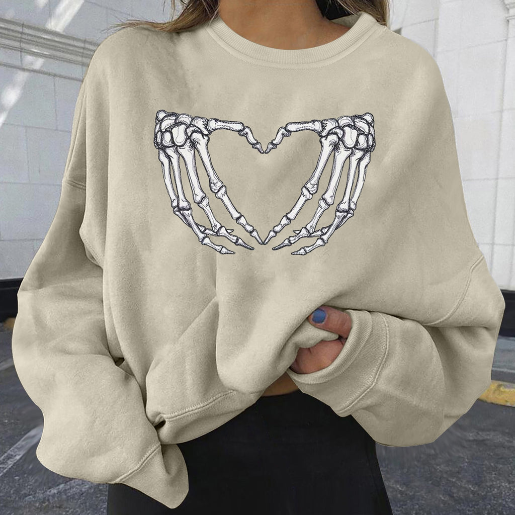 Skull Print Long Sleeve Pullover Sweatshirt for Women