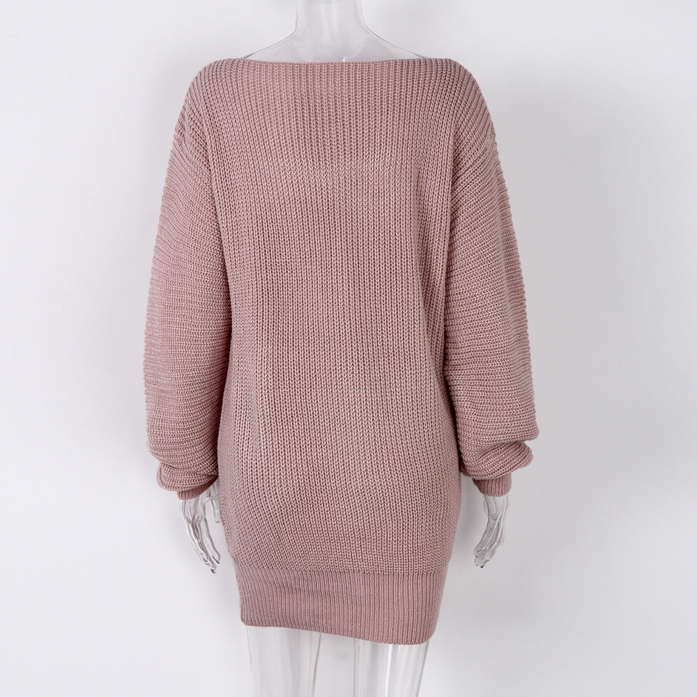 Real shot autumn and winter Europe and the United States long sleeve collar casual loose knitted sweater dress Amazon explosions cross-border women's clothing