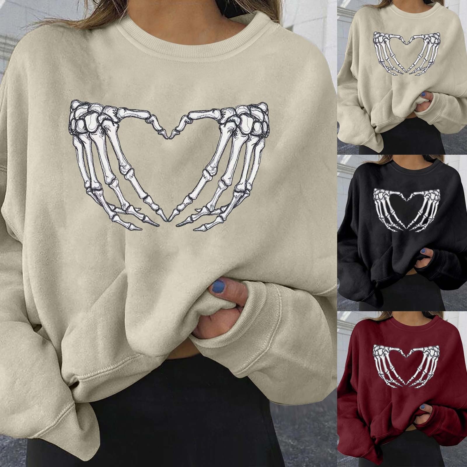 Skull Print Long Sleeve Pullover Sweatshirt for Women