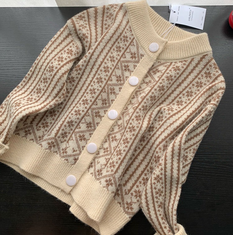 Retro Thick Jacquard Women's Knitted Crew Neck Sweater