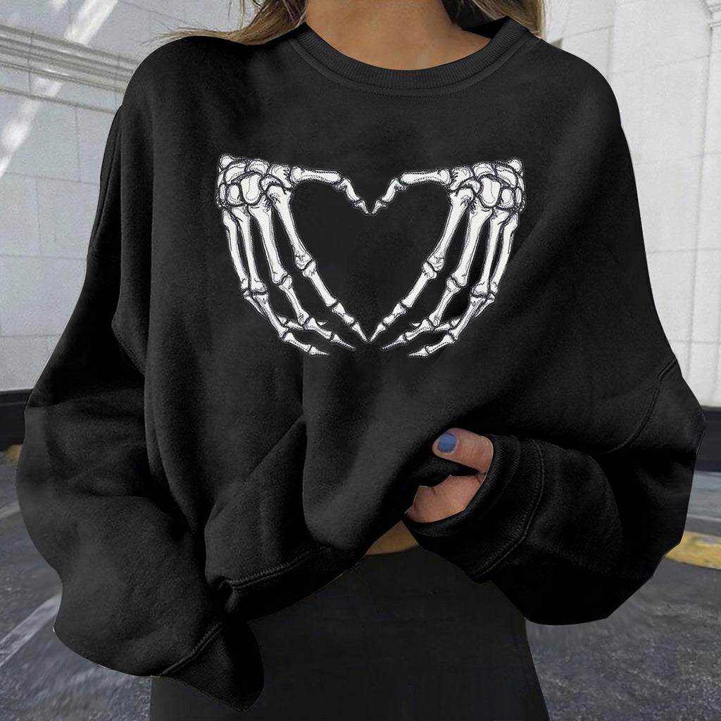 Skull Print Long Sleeve Pullover Sweatshirt for Women