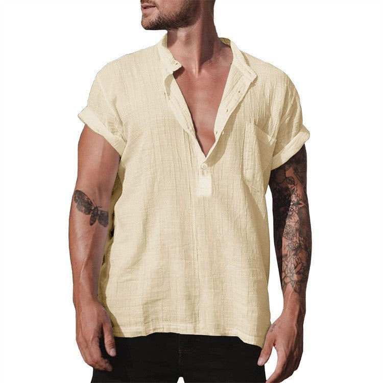 Men's Summer Linen Short Sleeve Shirt with Pocket