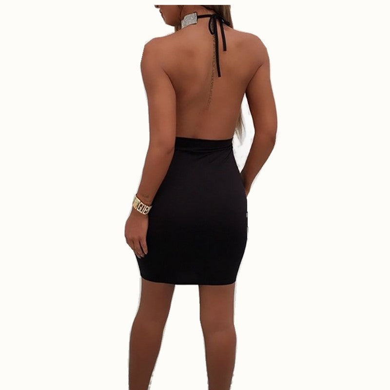 2022 European and American sexy sling jumpsuit hip skirt side slit hot rhinestone low-cut halter tight nightclub skirt in stock