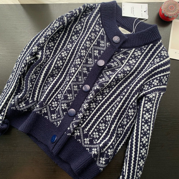 Retro Thick Jacquard Women's Knitted Crew Neck Sweater