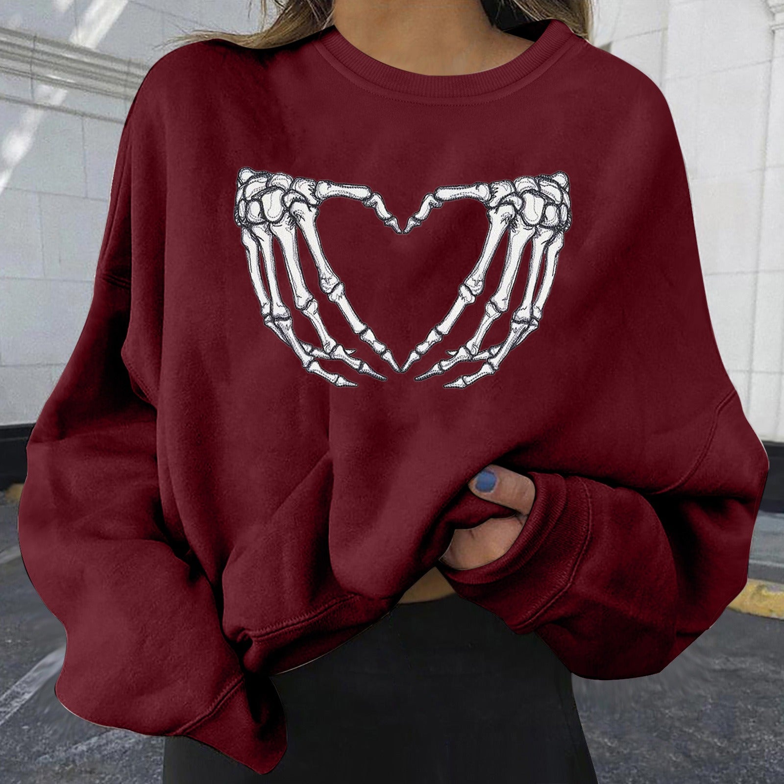 Skull Print Long Sleeve Pullover Sweatshirt for Women