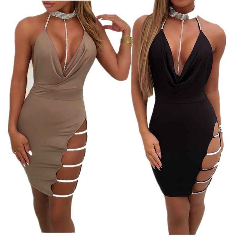 2022 European and American sexy sling jumpsuit hip skirt side slit hot rhinestone low-cut halter tight nightclub skirt in stock