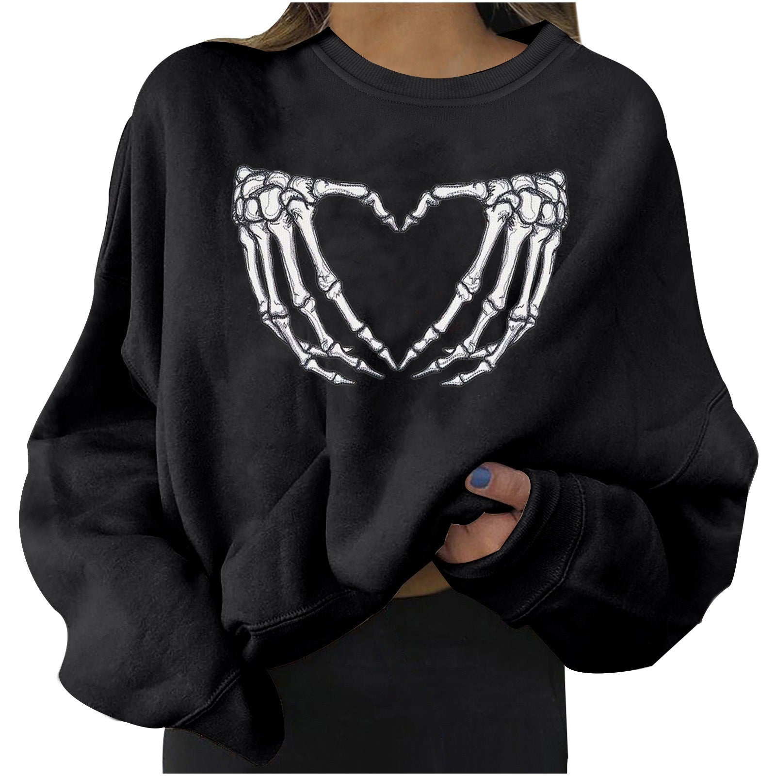 Skull Print Long Sleeve Pullover Sweatshirt for Women