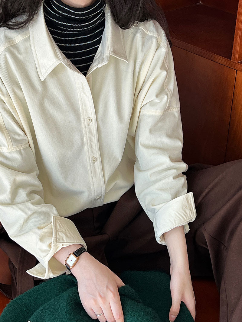 Lushi Japanese-Style Minimalist Thickened Brushed Corduroy Shirt for Women 2025 Autumn Inner Layering Base Shirt 3378