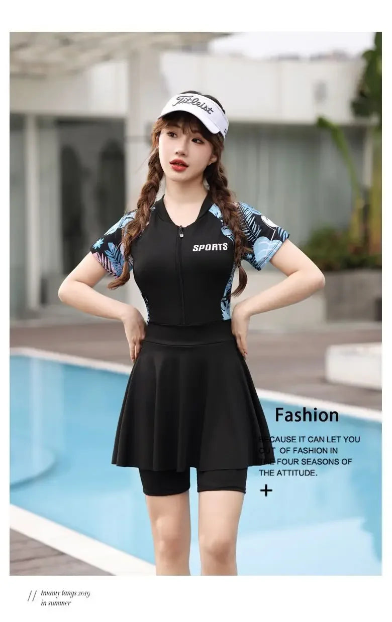 plus size swimsuit women's one-piece skirt short sleeve professional sports swimsuit mother 200kg conservative belly slim hot spring