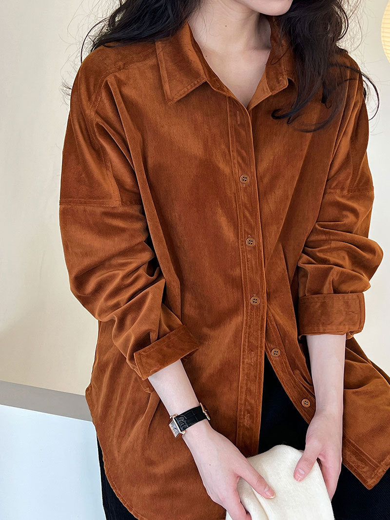 Lushi Japanese-Style Minimalist Thickened Brushed Corduroy Shirt for Women 2025 Autumn Inner Layering Base Shirt 3378