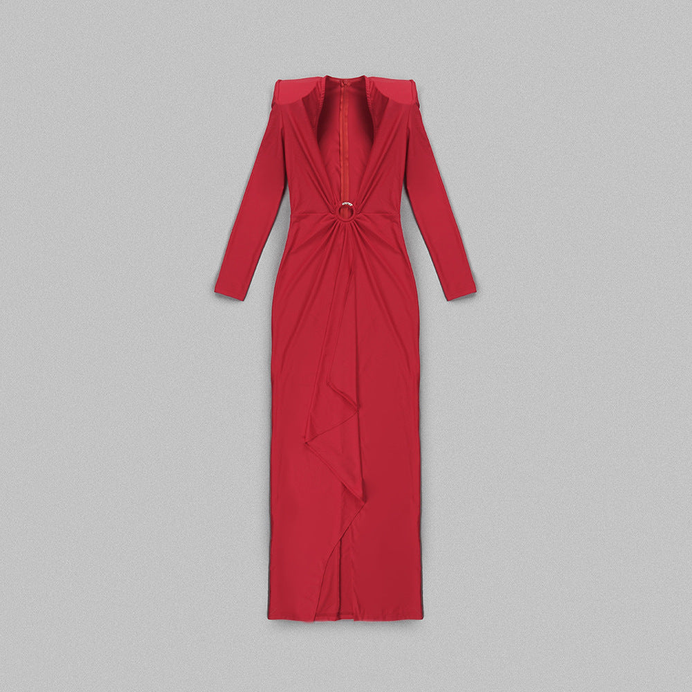 In Stock | New Cross-Border Long-Sleeve Ring-Neck European and American Women's Fashion V-Neck White and Red Long High-End Dress Wholesale.