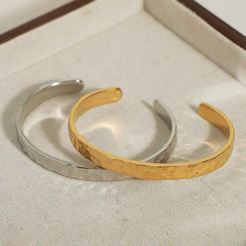 Casual Style Personalized Geometric Jewelry Niche Hammered Texture Design Titanium Steel Gold-Plated Open Bracelet Titanium Steel Bracelet