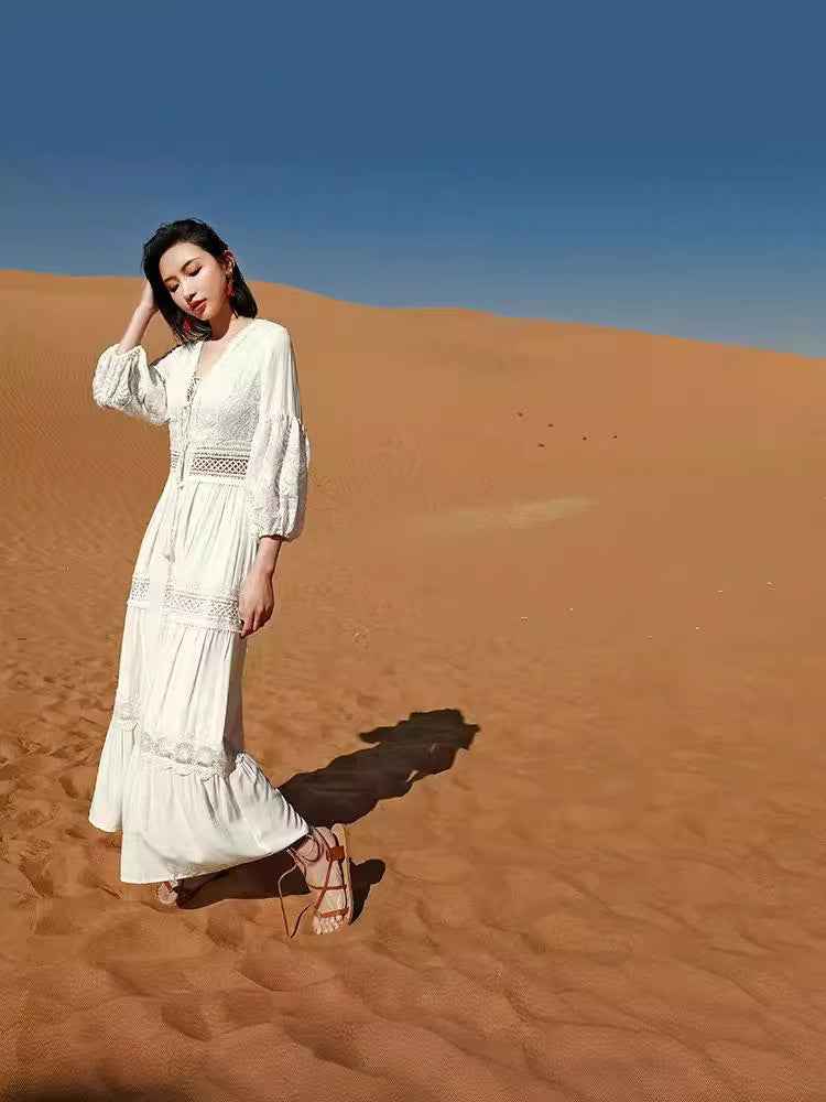 2024 Export New Product Elegant French Retro White Fairy Skirt Summer V-Neck Puff Sleeves Accessible Luxury and Western Style