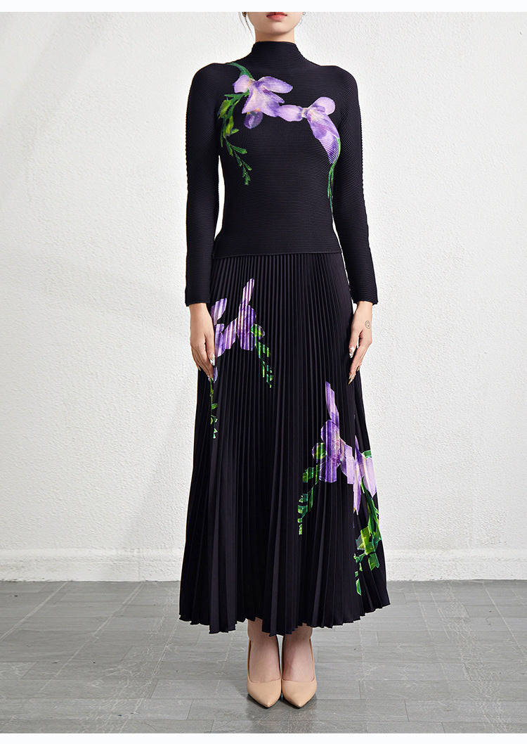 Retro Pleated Fashion Floral Suit Autumn and Winter New Miyake Elastic Top Waist Design Skirt Two-Piece Set