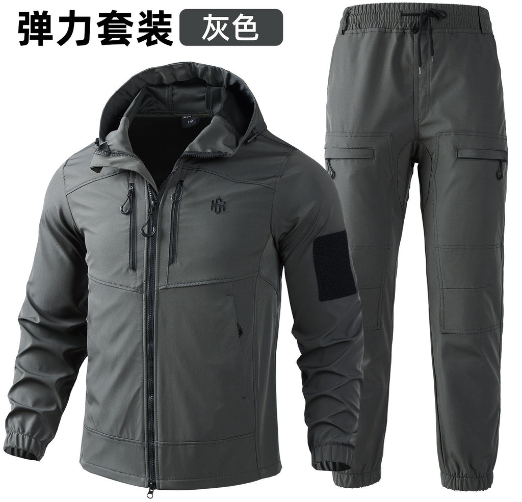 Outdoor assault clothing overalls suit men's spring and autumn elastic tooling labor protection clothing wear-resistant camouflage clothing hooded training clothing