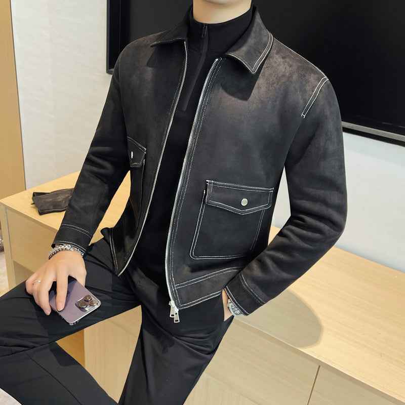Autumn and Winter New Men's Jacket Coat Fur Fleece Large Pocket Lapel Solid Color Copper Zipper Casual Jacket Top