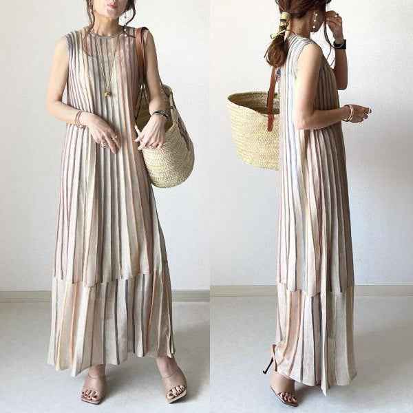 In-Stock Japanese Style 2026 Summer New Striped Color-Blocked Knitted Sleeveless Round-Neck Jacquard Knit Dress
