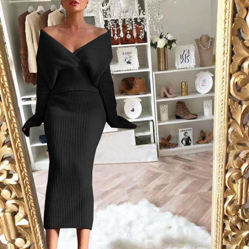 European and American 2025 New Aliexpress Long-Sleeved V Neck Casual Three-Quarter Sweater + Mid-Length Skirt for Women Suit