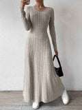 European and American Cross-Border Amazon Dress Slim Fashion Women's Knitted Pure Color Long-Sleeved A-Line Street Long Skirt for Women