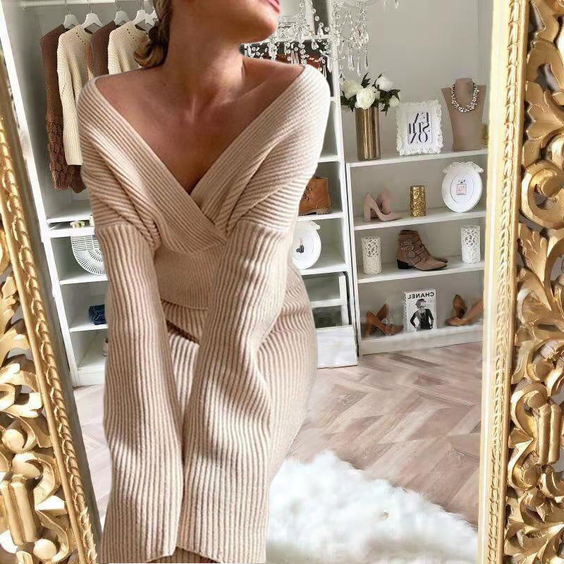 European and American 2025 New Aliexpress Long-Sleeved V Neck Casual Three-Quarter Sweater + Mid-Length Skirt for Women Suit