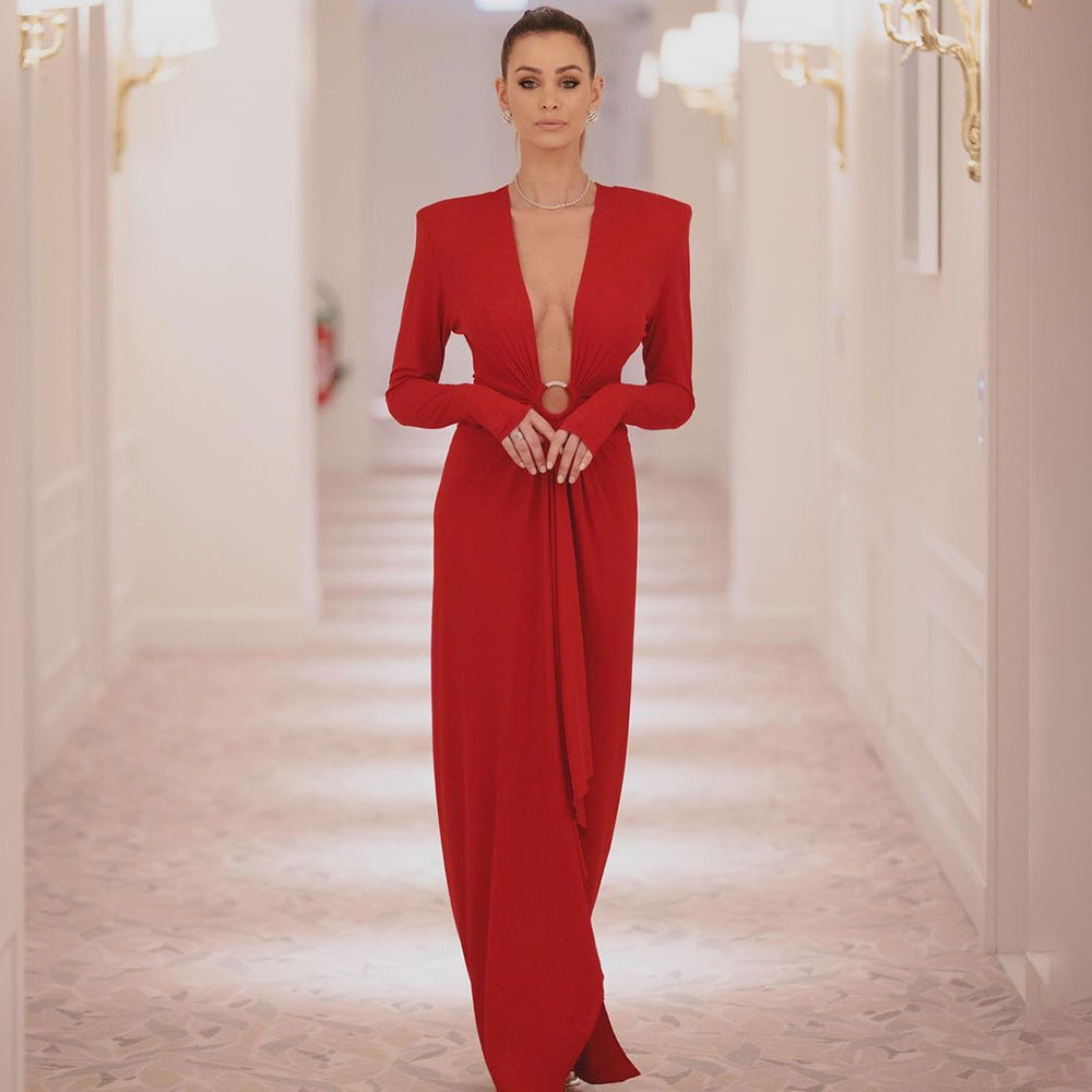 In Stock | New Cross-Border Long-Sleeve Ring-Neck European and American Women's Fashion V-Neck White and Red Long High-End Dress Wholesale.