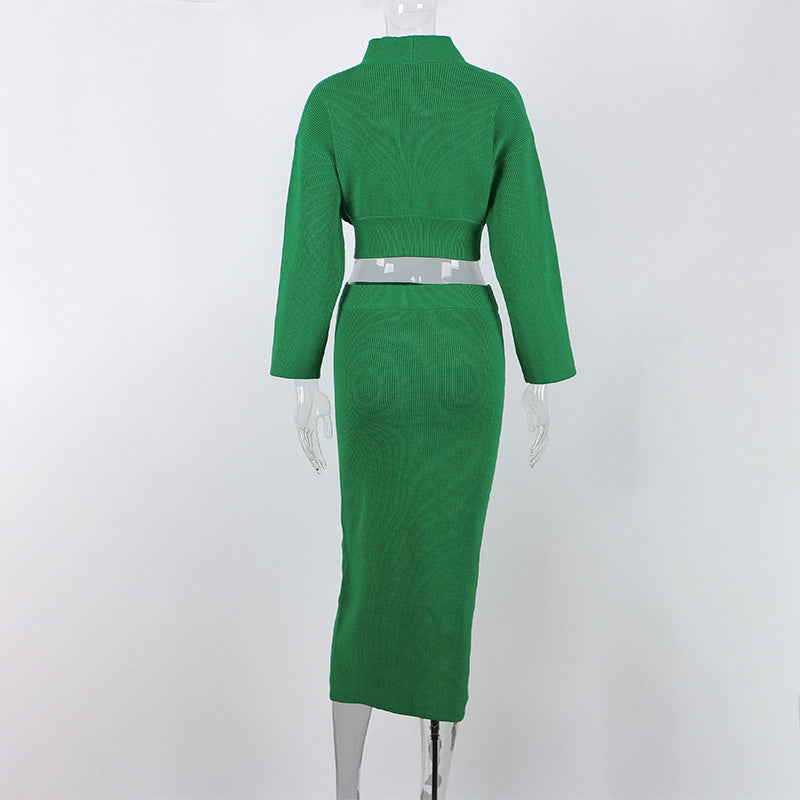 European and American 2025 New Aliexpress Long-Sleeved V Neck Casual Three-Quarter Sweater + Mid-Length Skirt for Women Suit