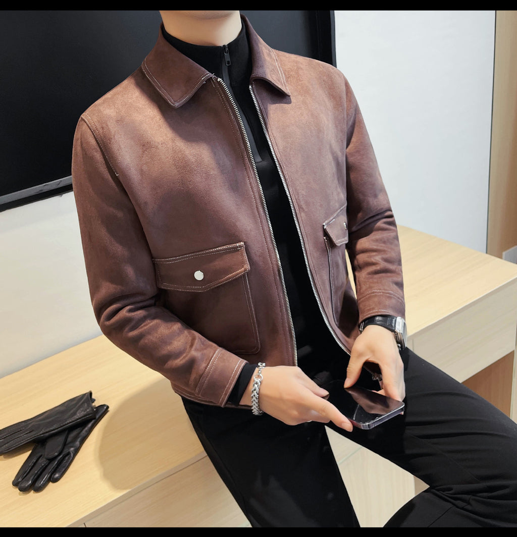 Autumn and Winter New Men's Jacket Coat Fur Fleece Large Pocket Lapel Solid Color Copper Zipper Casual Jacket Top