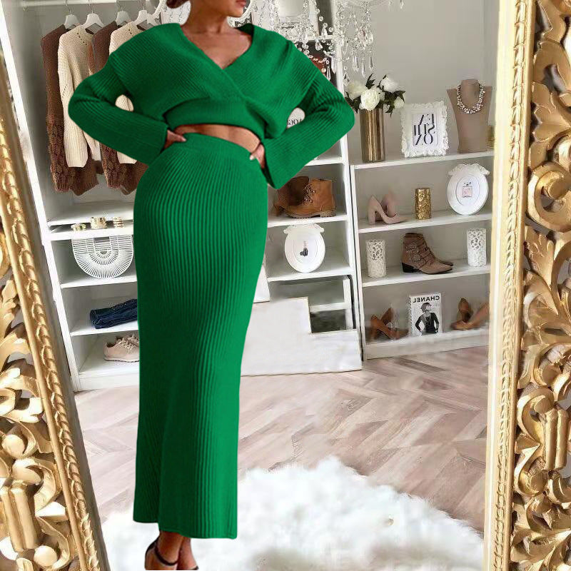 European and American 2025 New Aliexpress Long-Sleeved V Neck Casual Three-Quarter Sweater + Mid-Length Skirt for Women Suit