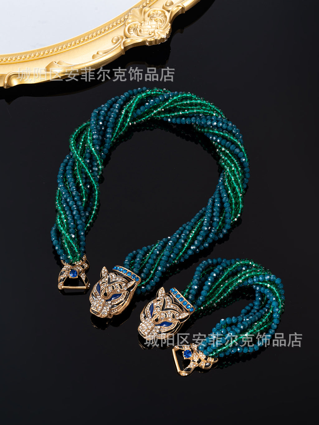Qingdao Vintage European and American Retro Leopard Head Multi-Layer Beaded Necklace Bracelet Earrings Heavy Craftsmanship Elegant Set