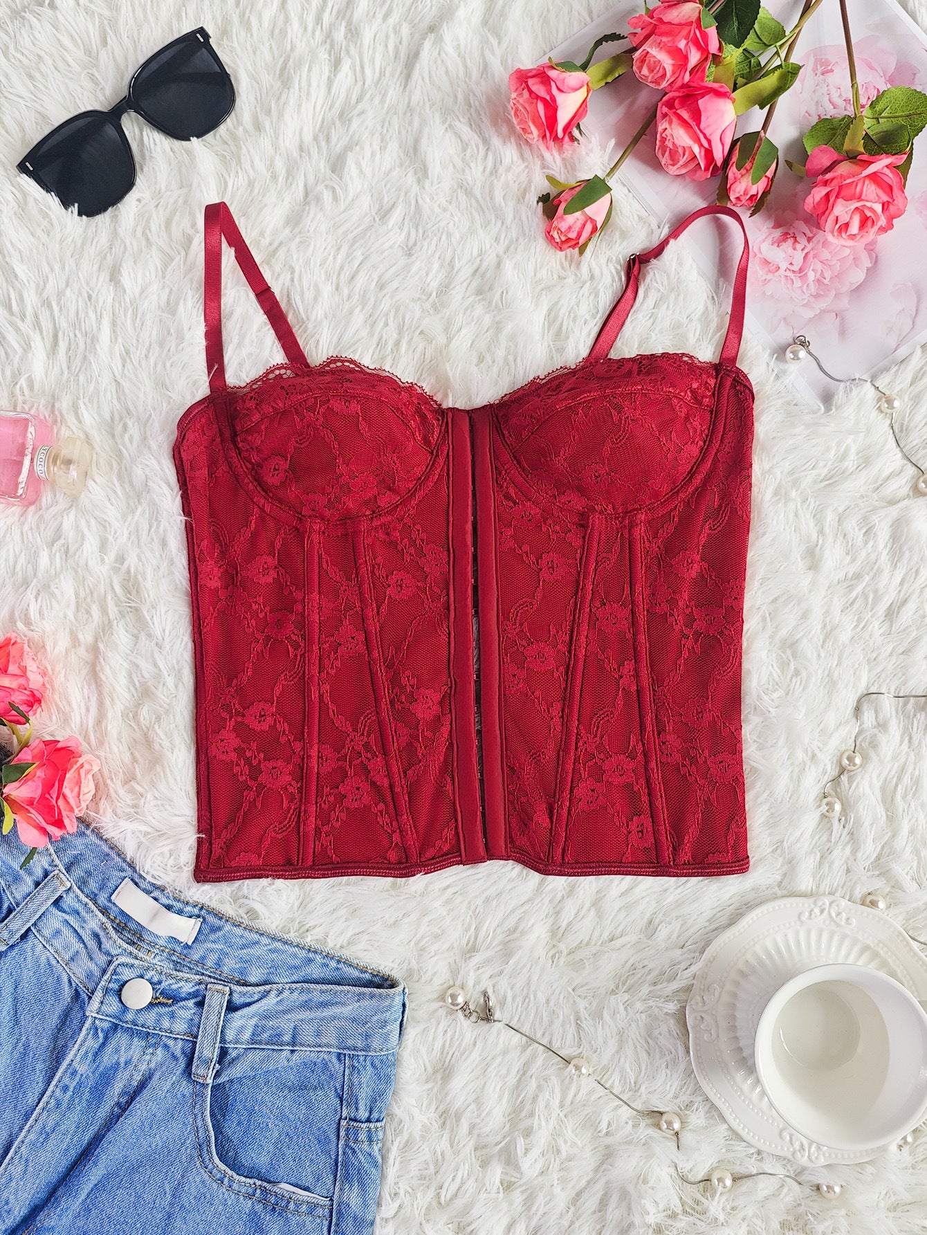 Cross-border Ins Women's Dress Fish Bone Steel Ring Wrap Chest Breasted Backless Vest European and American Style Sexy Solid Color Lace Sling