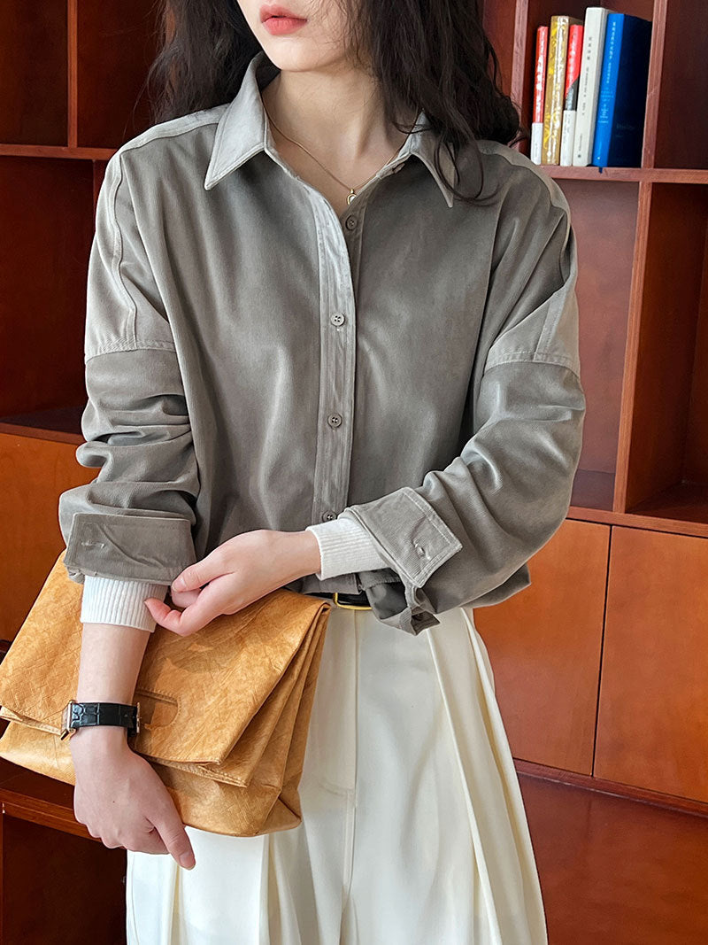 Lushi Japanese-Style Minimalist Thickened Brushed Corduroy Shirt for Women 2025 Autumn Inner Layering Base Shirt 3378