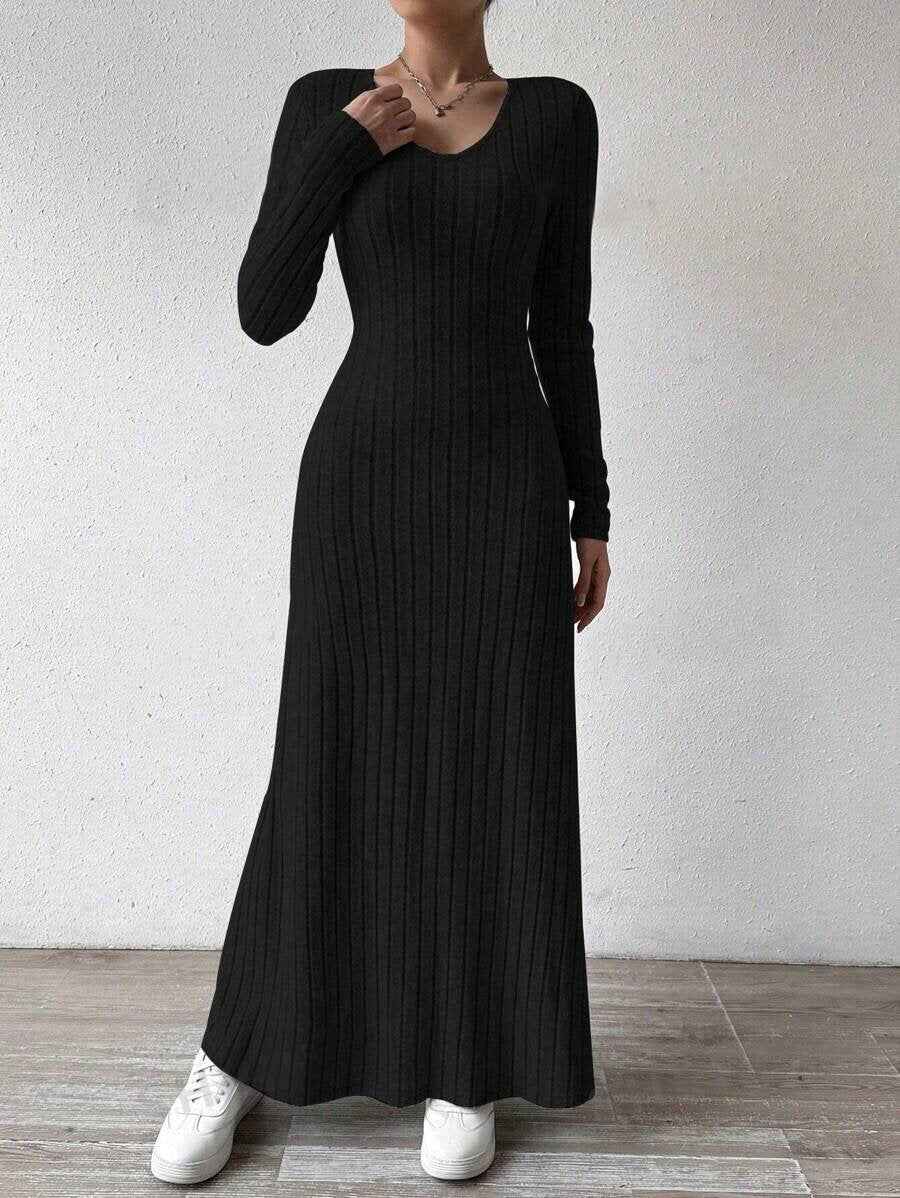 European and American Cross-Border Amazon Dress Slim Fashion Women's Knitted Pure Color Long-Sleeved A-Line Street Long Skirt for Women