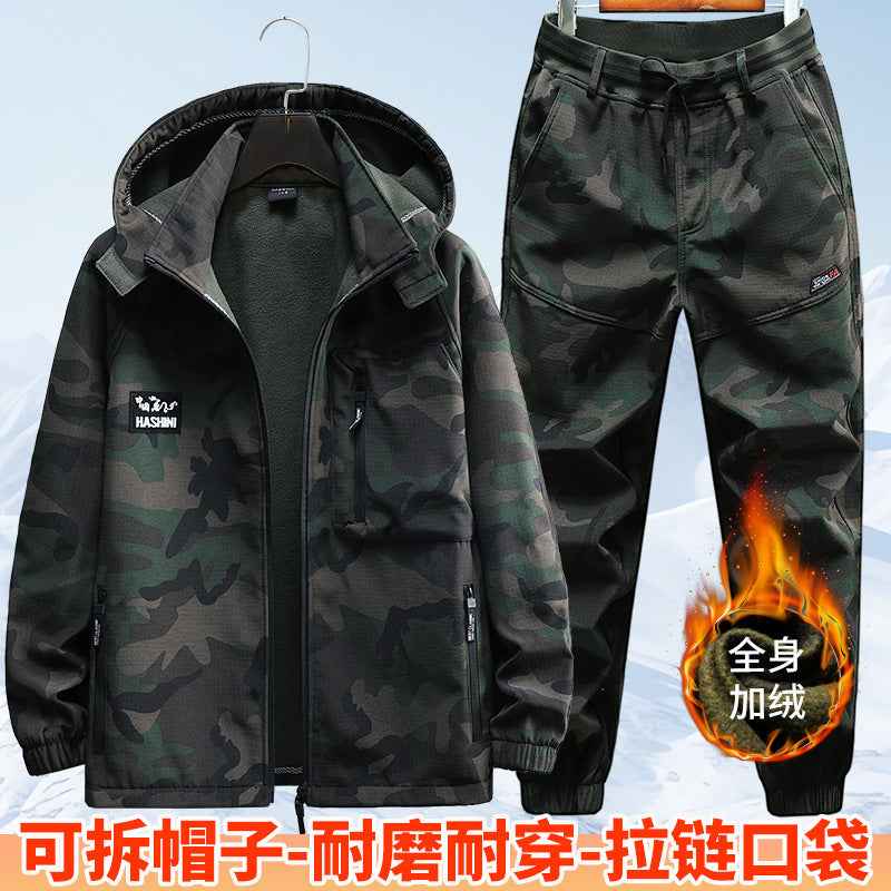 Autumn and Winter fleece-lined Work Clothes suit Men's Thickened Wear-Resistant Dirty-Resistant Labor Protection Mesh Warm-Keeping Tooling Outdoor Jacket