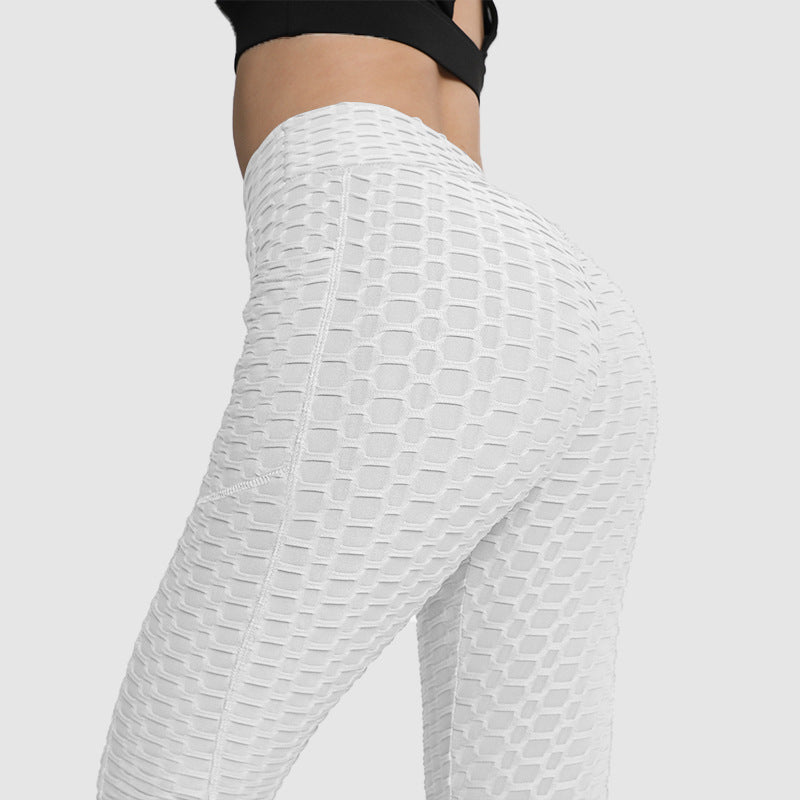 Amazon European and American Leggings Peach Fitness Pants High Waist Hip Leggings Pocket Jacquard Bubble Yoga Pants