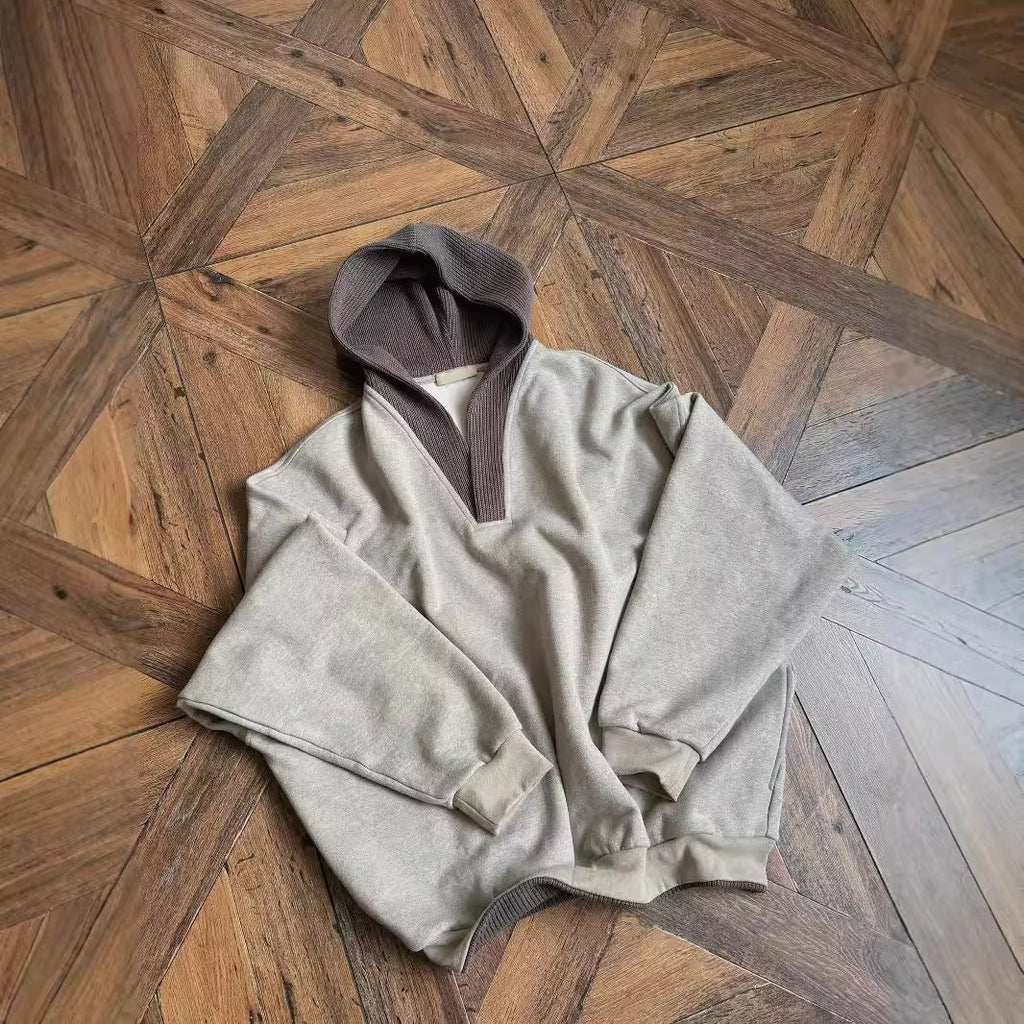 cleanfit Grey Sweatshirt Men's Hooded Autumn and Winter Wool Stitching Design Niche Loose Casual Jacket
