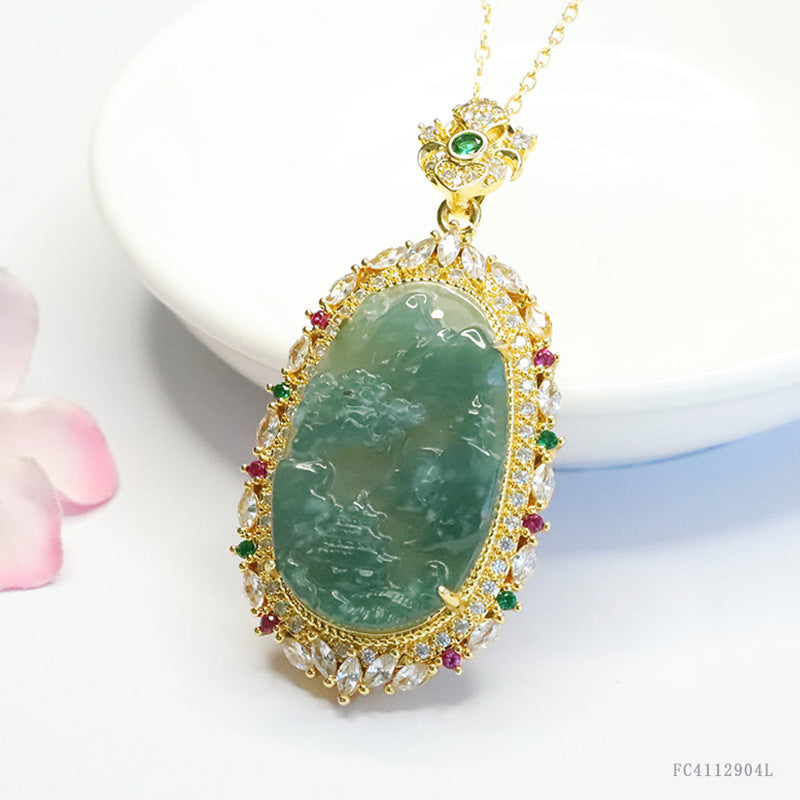 Guan Yu Natural Grade a Jadeite Blue Water Landscape Brand Inlaid Pendant Necklace Jewelry Live Streaming Kuaishou S4112904L