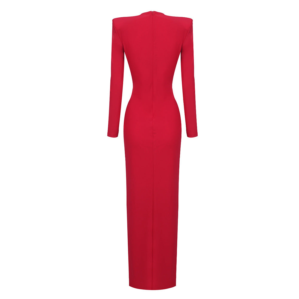 In Stock | New Cross-Border Long-Sleeve Ring-Neck European and American Women's Fashion V-Neck White and Red Long High-End Dress Wholesale.