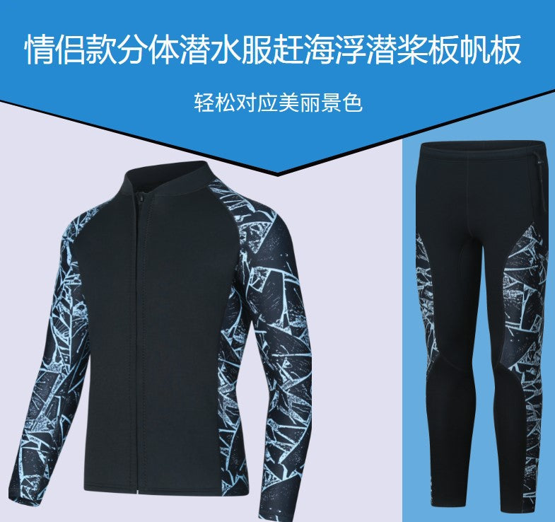3mm Couple's Diving Wetsuit for Women, Two-Piece Long-Sleeve and Long Pants, Warm, Cold-Proof, Sun-Protective, Wet-Style Surfing, Snorkeling, and Swimming Suit