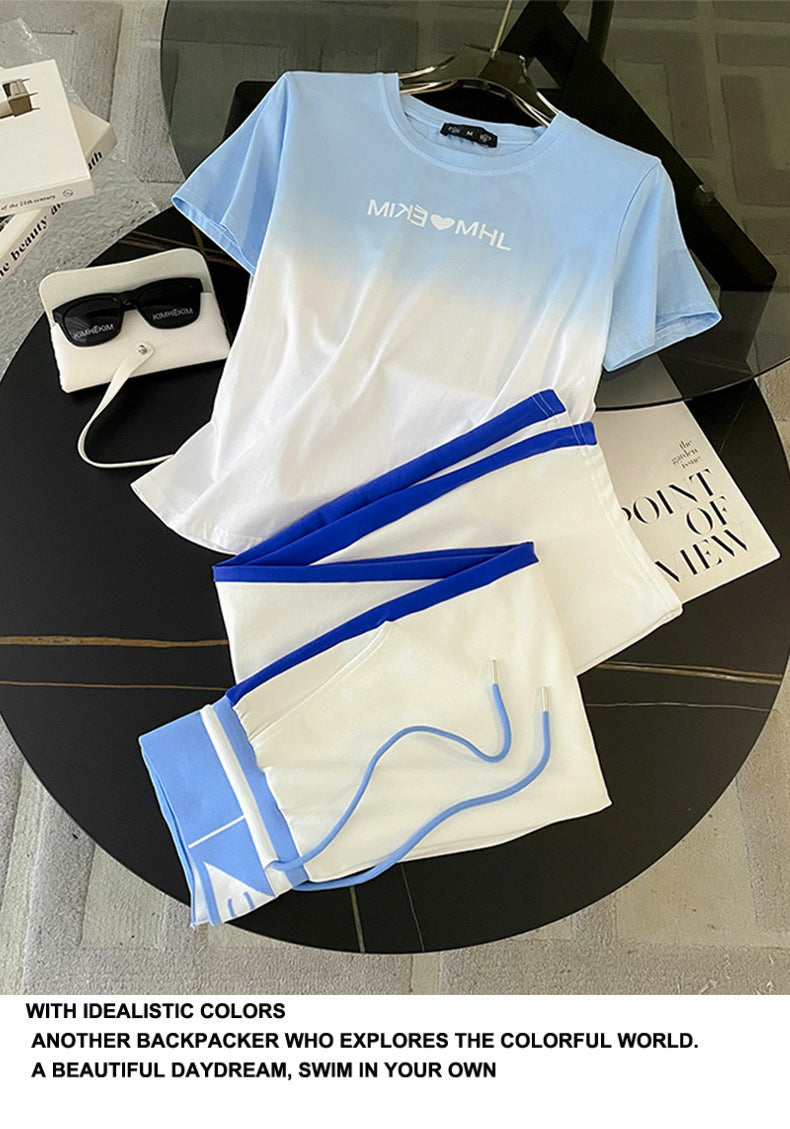 Sports Leisure suit Women's Street Slim-fit Short T-shirt Women's Fashion Color-contrast High-end Atmospheric Elegant Wide-leg Pants