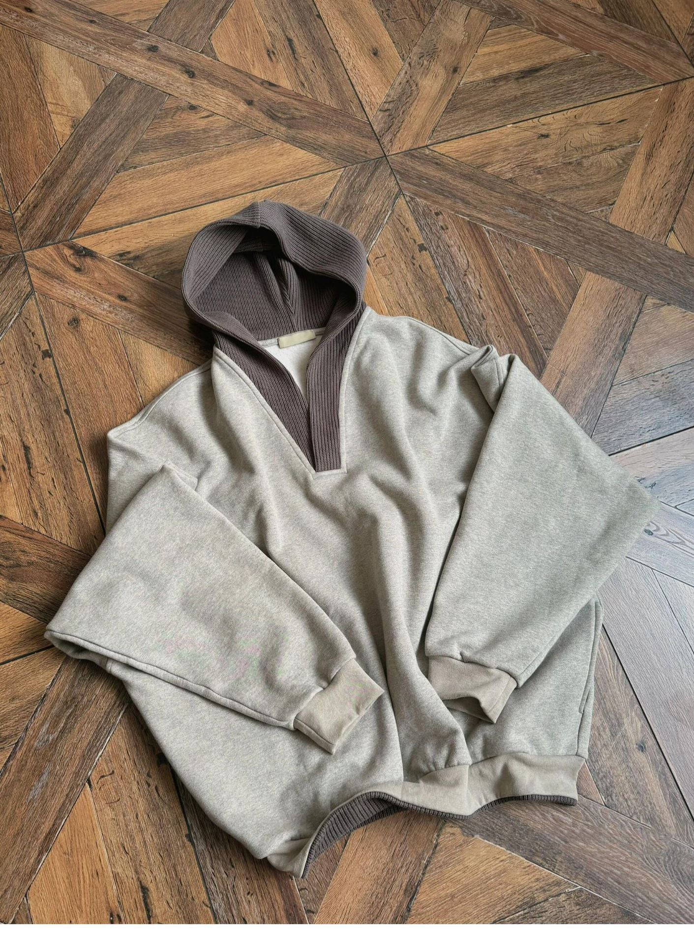 cleanfit Grey Sweatshirt Men's Hooded Autumn and Winter Wool Stitching Design Niche Loose Casual Jacket