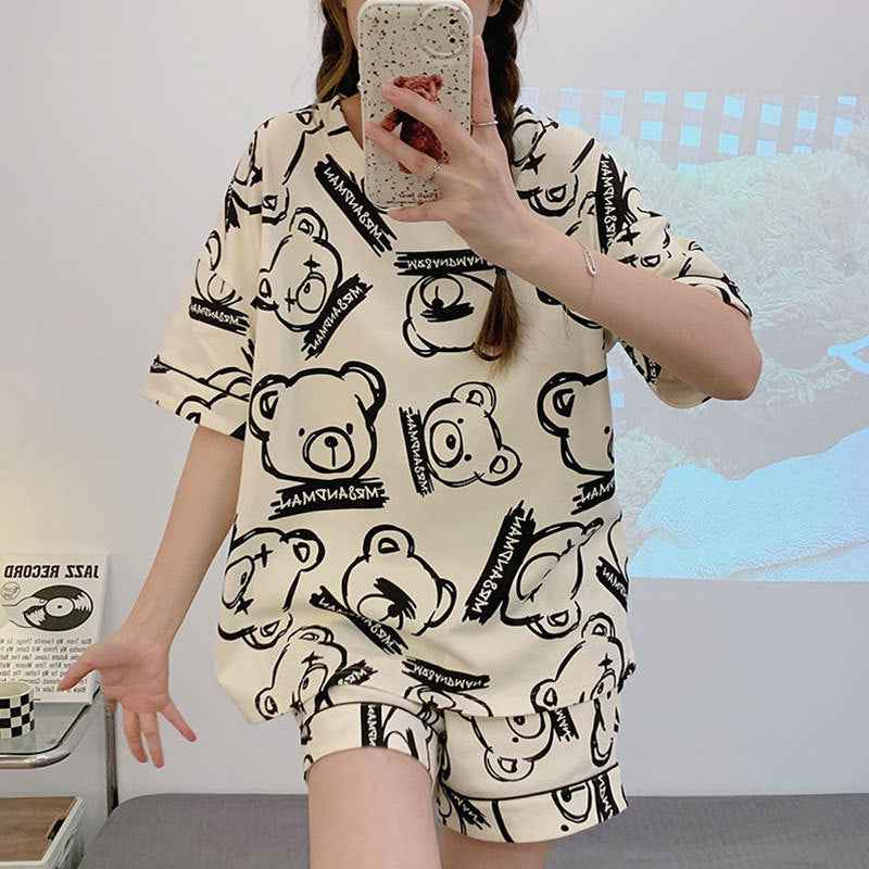 New Style Pajamas Women's Summer Short-sleeved Pullover Thin Cartoon Cartoon Bear Girl Home Clothes suit Women's Outwear