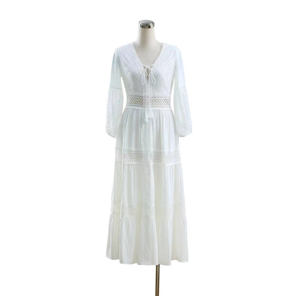 2024 Export New Product Elegant French Retro White Fairy Skirt Summer V-Neck Puff Sleeves Accessible Luxury and Western Style