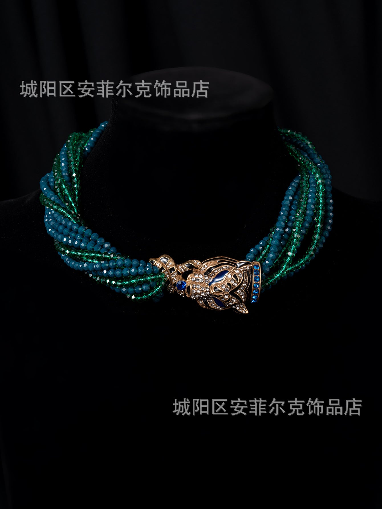 Qingdao Vintage European and American Retro Leopard Head Multi-Layer Beaded Necklace Bracelet Earrings Heavy Craftsmanship Elegant Set