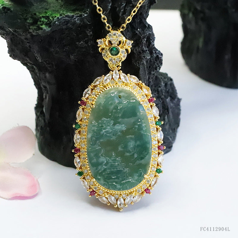 Guan Yu Natural Grade a Jadeite Blue Water Landscape Brand Inlaid Pendant Necklace Jewelry Live Streaming Kuaishou S4112904L