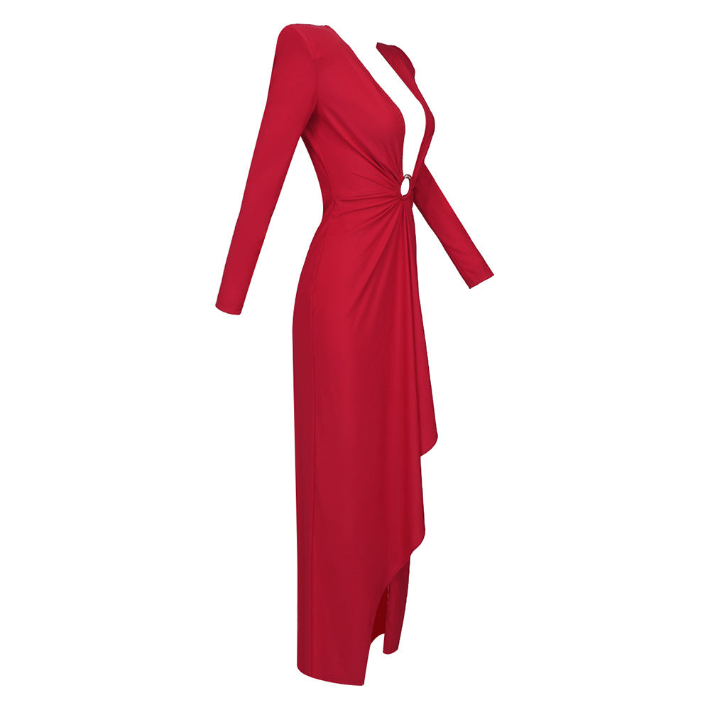 In Stock | New Cross-Border Long-Sleeve Ring-Neck European and American Women's Fashion V-Neck White and Red Long High-End Dress Wholesale.