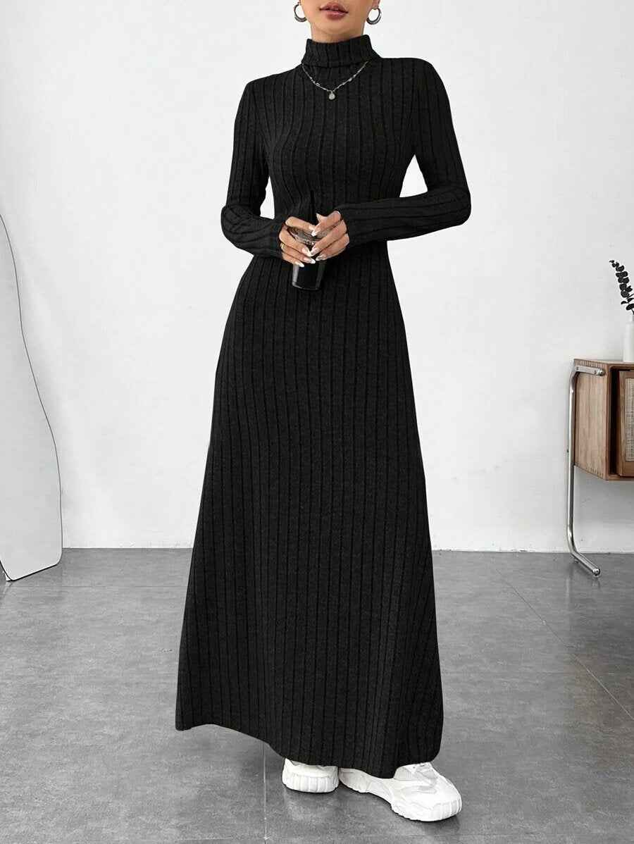 European and American Cross-Border Autumn and Winter Women's Clothing, Slim-Fitting High Collar, Fashionable Solid Color Pit Strip Brushed Long-Sleeved Dress for Women