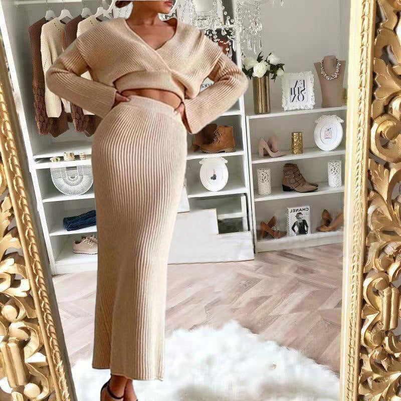 European and American 2025 New Aliexpress Long-Sleeved V Neck Casual Three-Quarter Sweater + Mid-Length Skirt for Women Suit