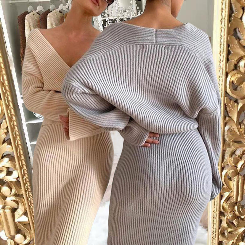 European and American 2025 New Aliexpress Long-Sleeved V Neck Casual Three-Quarter Sweater + Mid-Length Skirt for Women Suit