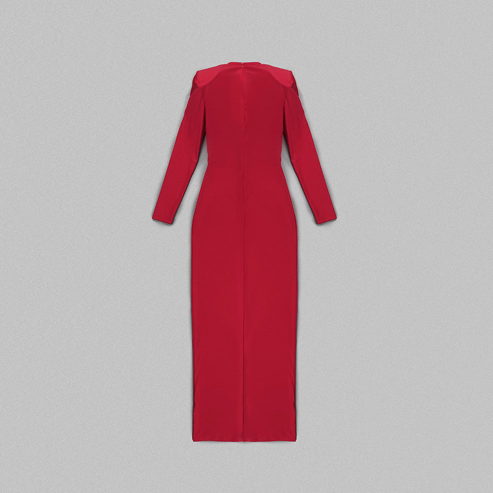 In Stock | New Cross-Border Long-Sleeve Ring-Neck European and American Women's Fashion V-Neck White and Red Long High-End Dress Wholesale.